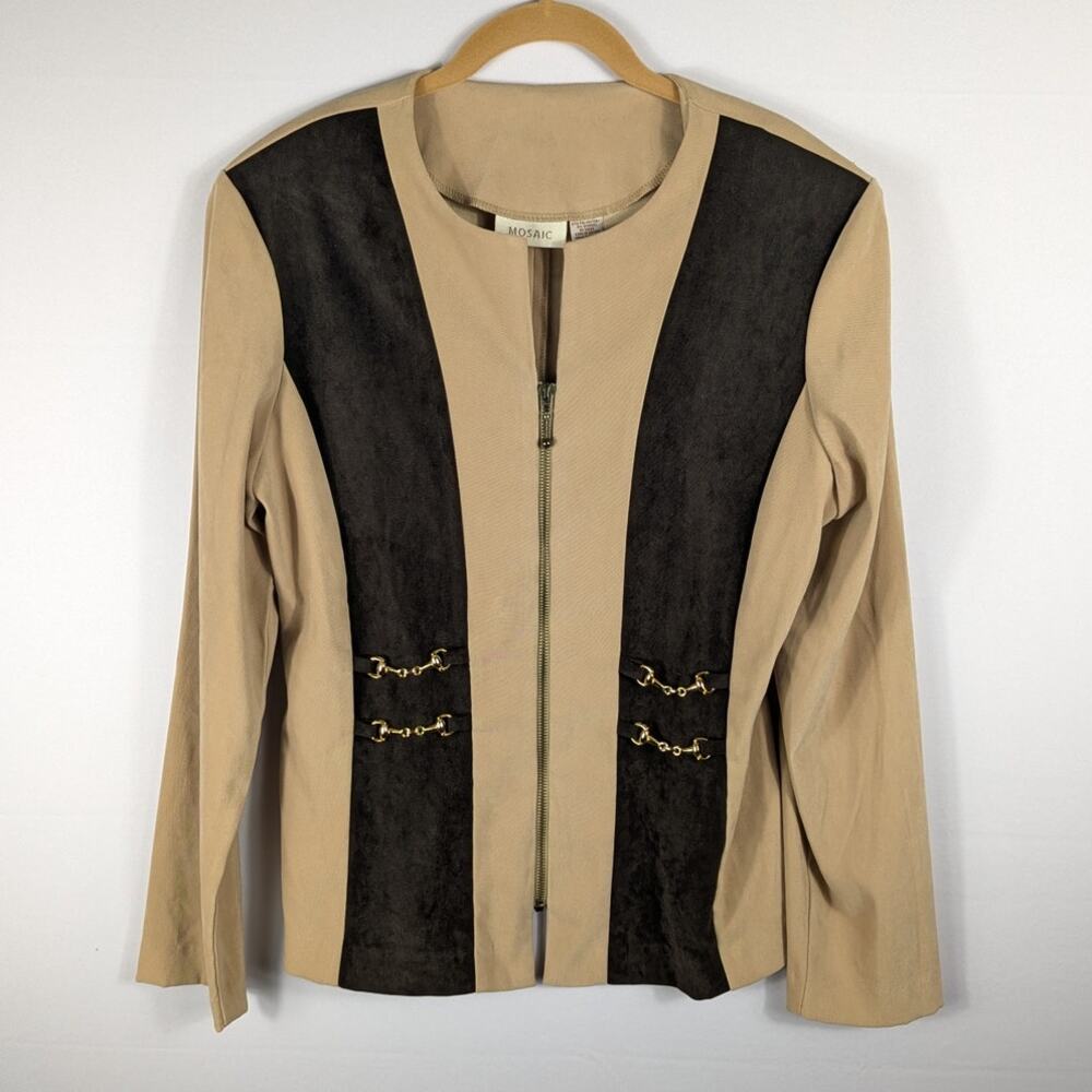 Mosaic 10 Tan Black Equestrian Jacket Women Zip Front Suede Panels Riding Coat